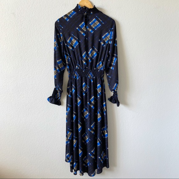 NANETTE LEPORE Mari Plaid Navy Printed Smocked Midi Dress 2 - Picture 7 of 13